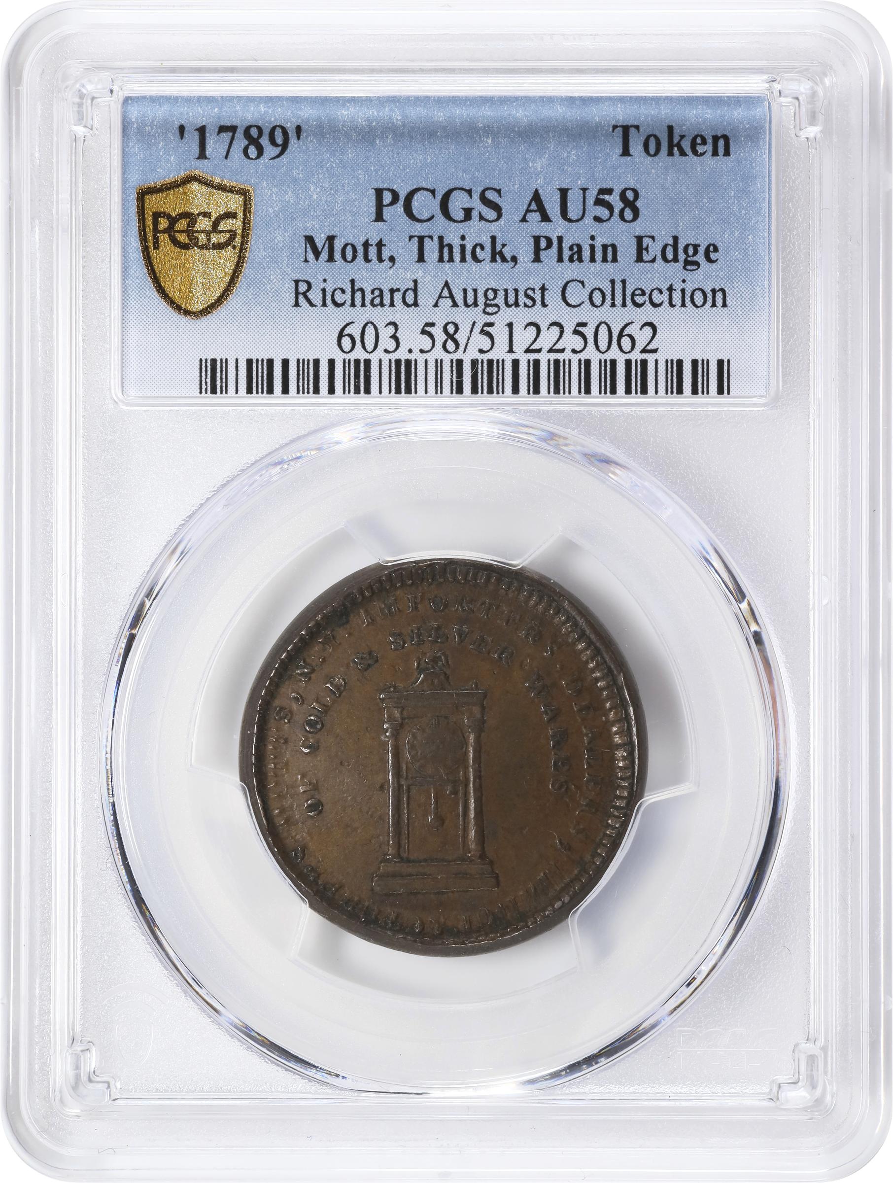 image for: "1789" Mott Token. Rulau-E NY 610, Breen-1020. Thick Planchet. Plain Edge. AU-58 (PCGS).