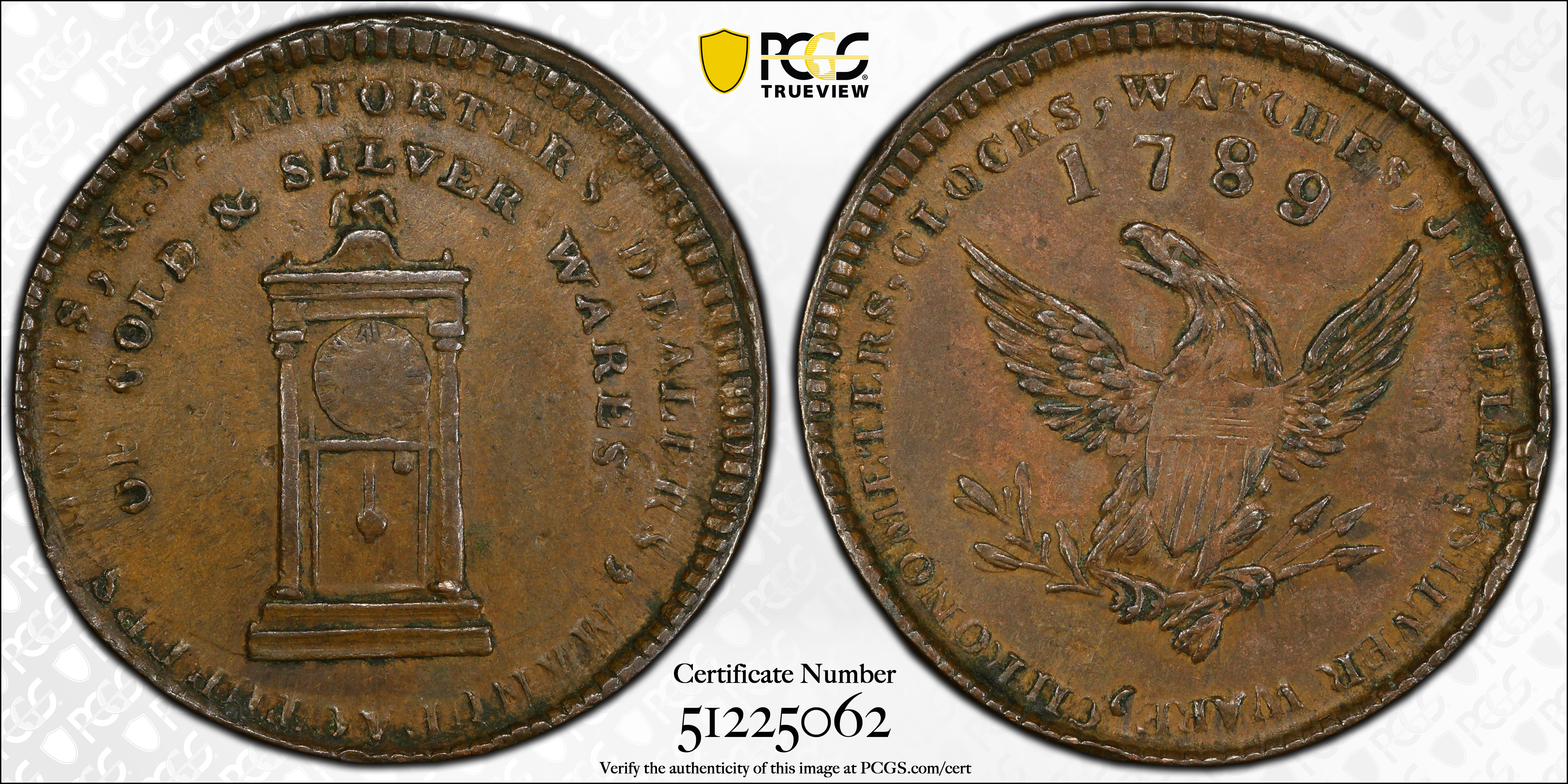 image for: "1789" Mott Token. Rulau-E NY 610, Breen-1020. Thick Planchet. Plain Edge. AU-58 (PCGS).