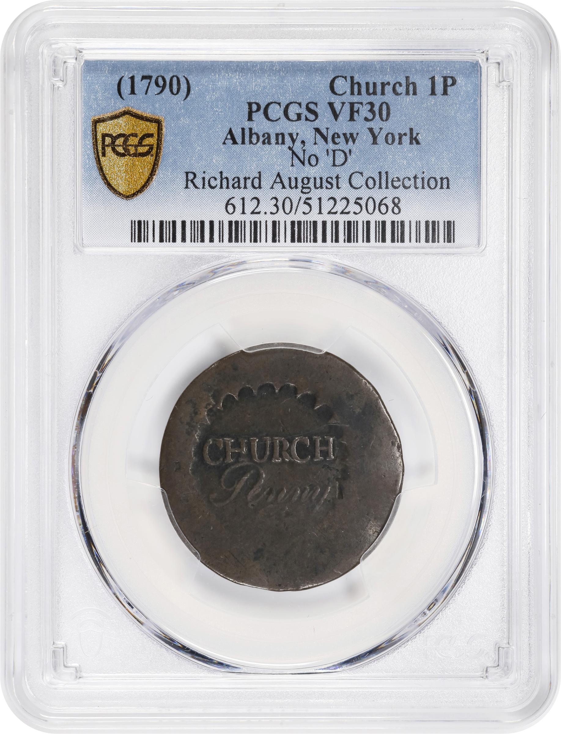 image for: Undated (1790) Albany Church Penny. W-8495. Rarity-7. Without D. VF-30 (PCGS).