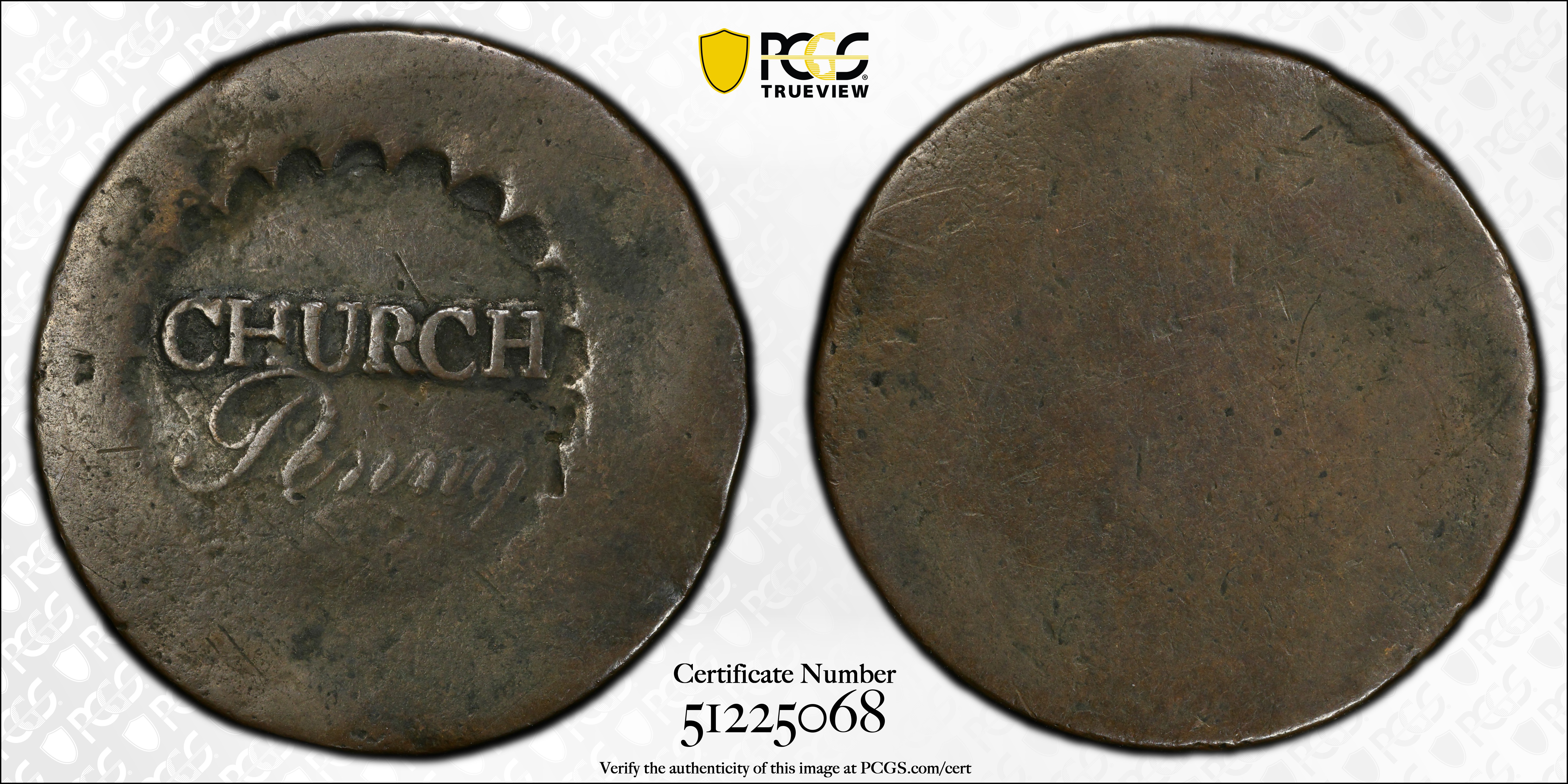 image for: Undated (1790) Albany Church Penny. W-8495. Rarity-7. Without D. VF-30 (PCGS).