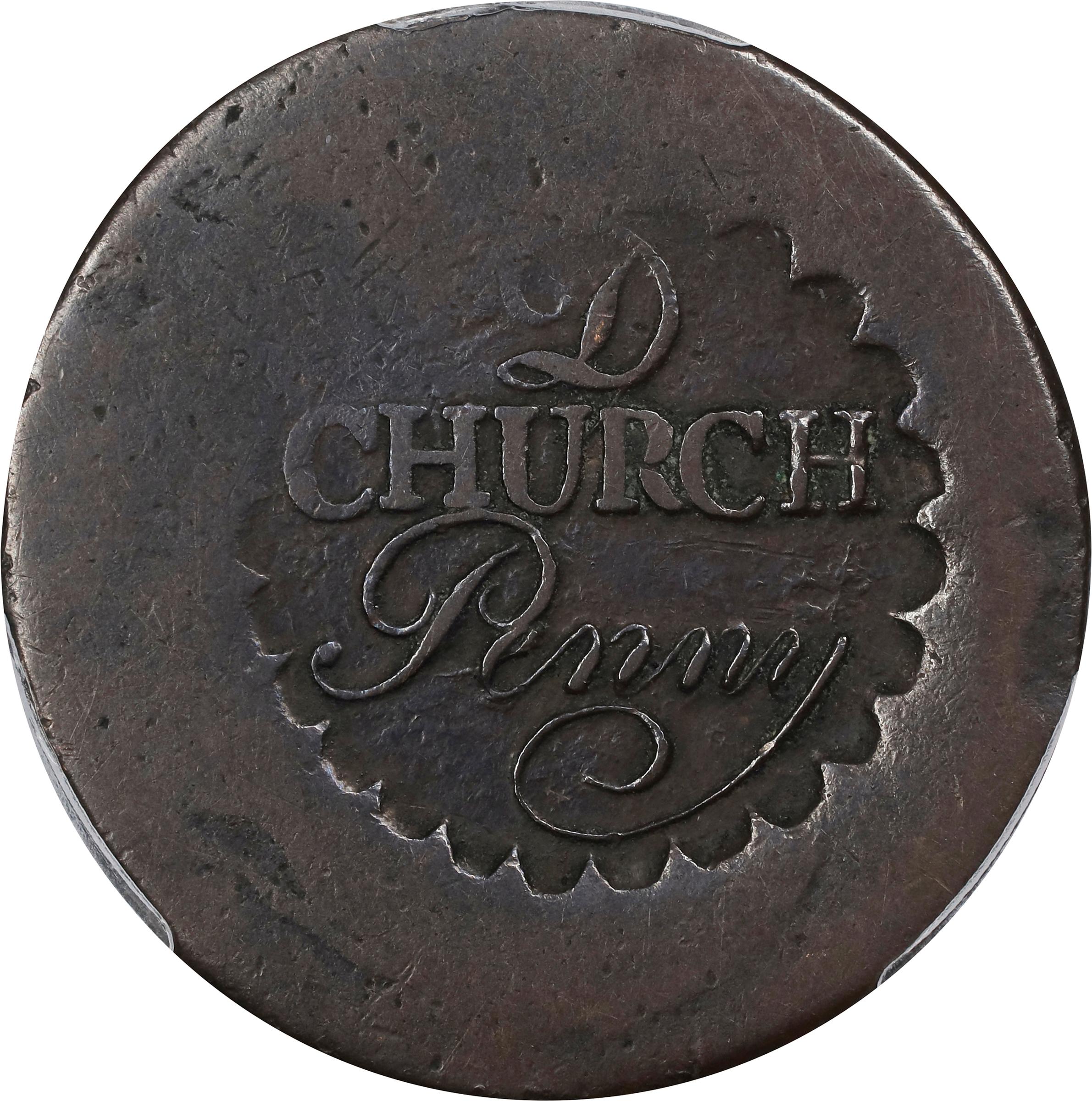 image for: Undated (1790) Albany Church Penny. W-8500. Rarity-7. D Above CHURCH. Overstruck on an English Halfpenny of William III. EF-40 (PCGS).