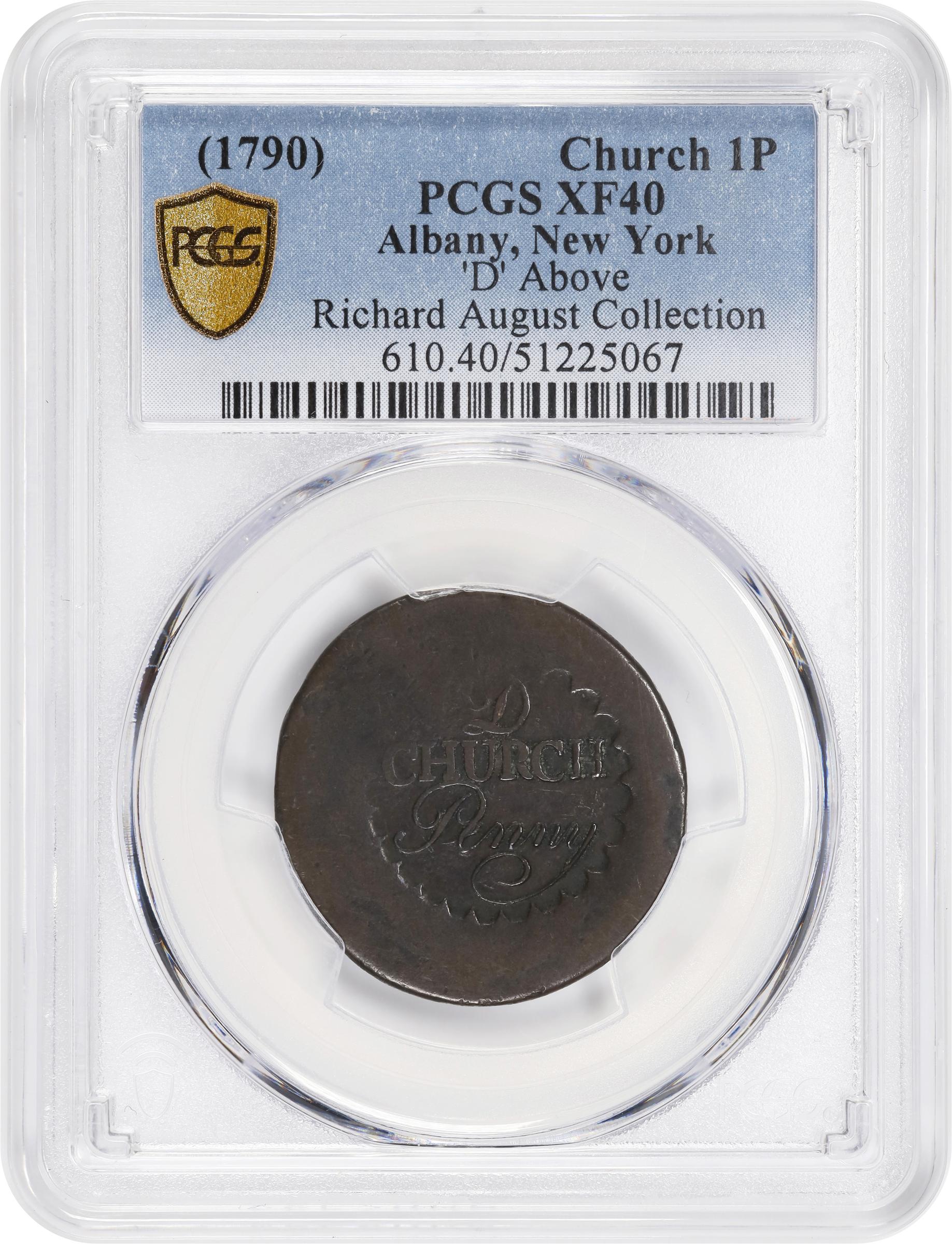 image for: Undated (1790) Albany Church Penny. W-8500. Rarity-7. D Above CHURCH. Overstruck on an English Halfpenny of William III. EF-40 (PCGS).