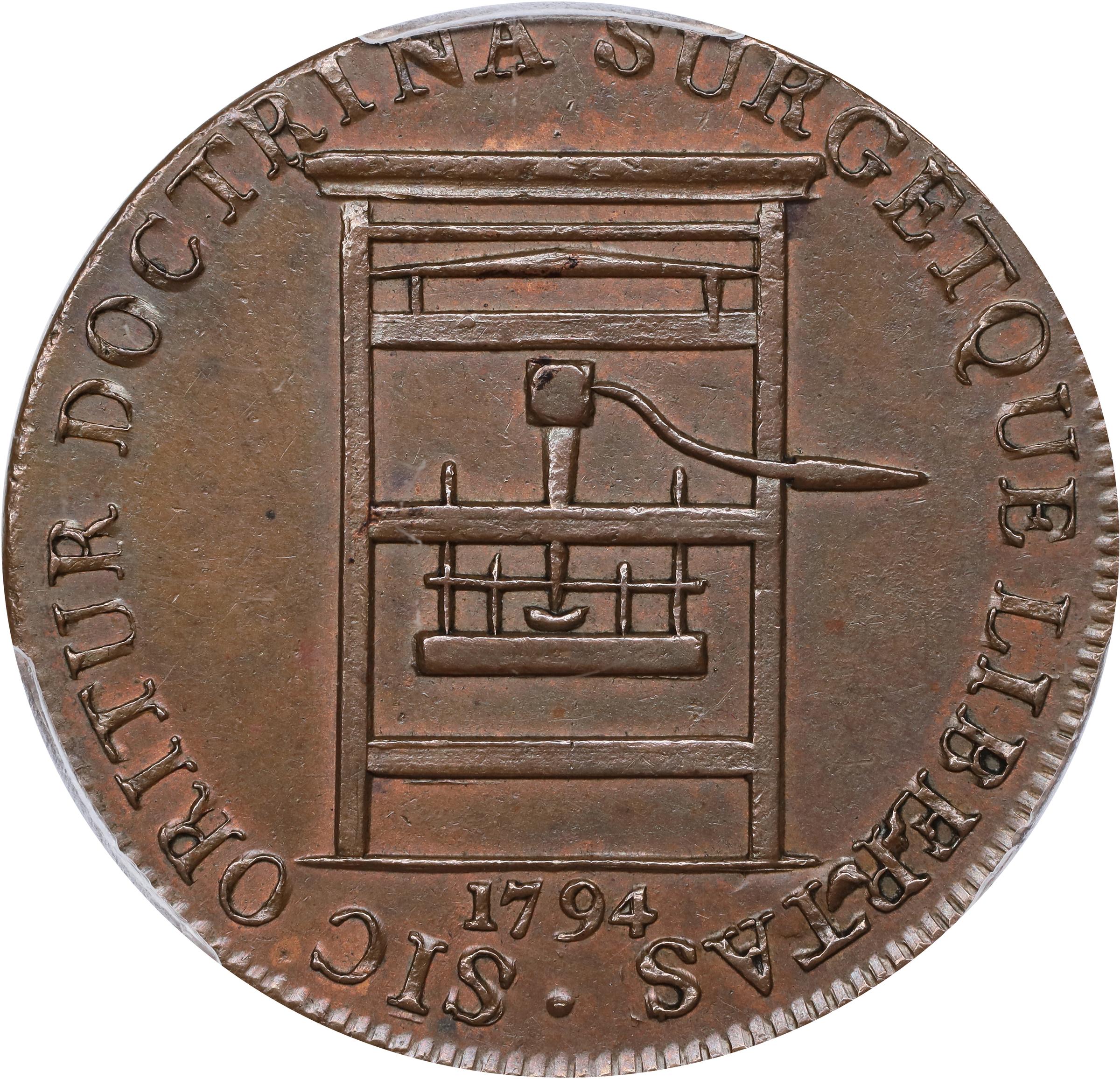 image for: 1794 Franklin Press Token. W-8850. Rarity-1. Plain Edge. MS-62 BN (PCGS).