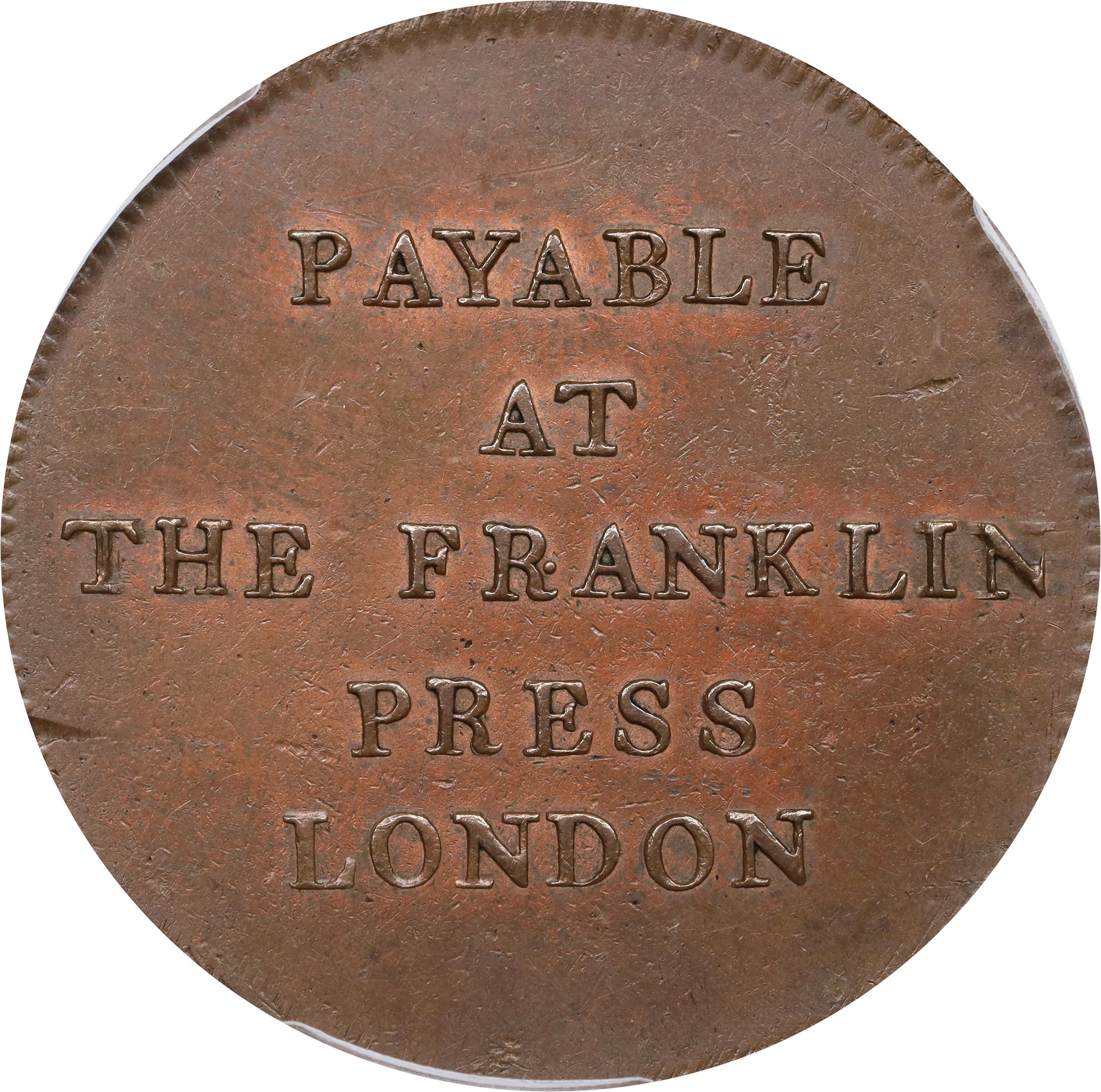 image for: 1794 Franklin Press Token. W-8850. Rarity-1. Plain Edge. MS-62 BN (PCGS).