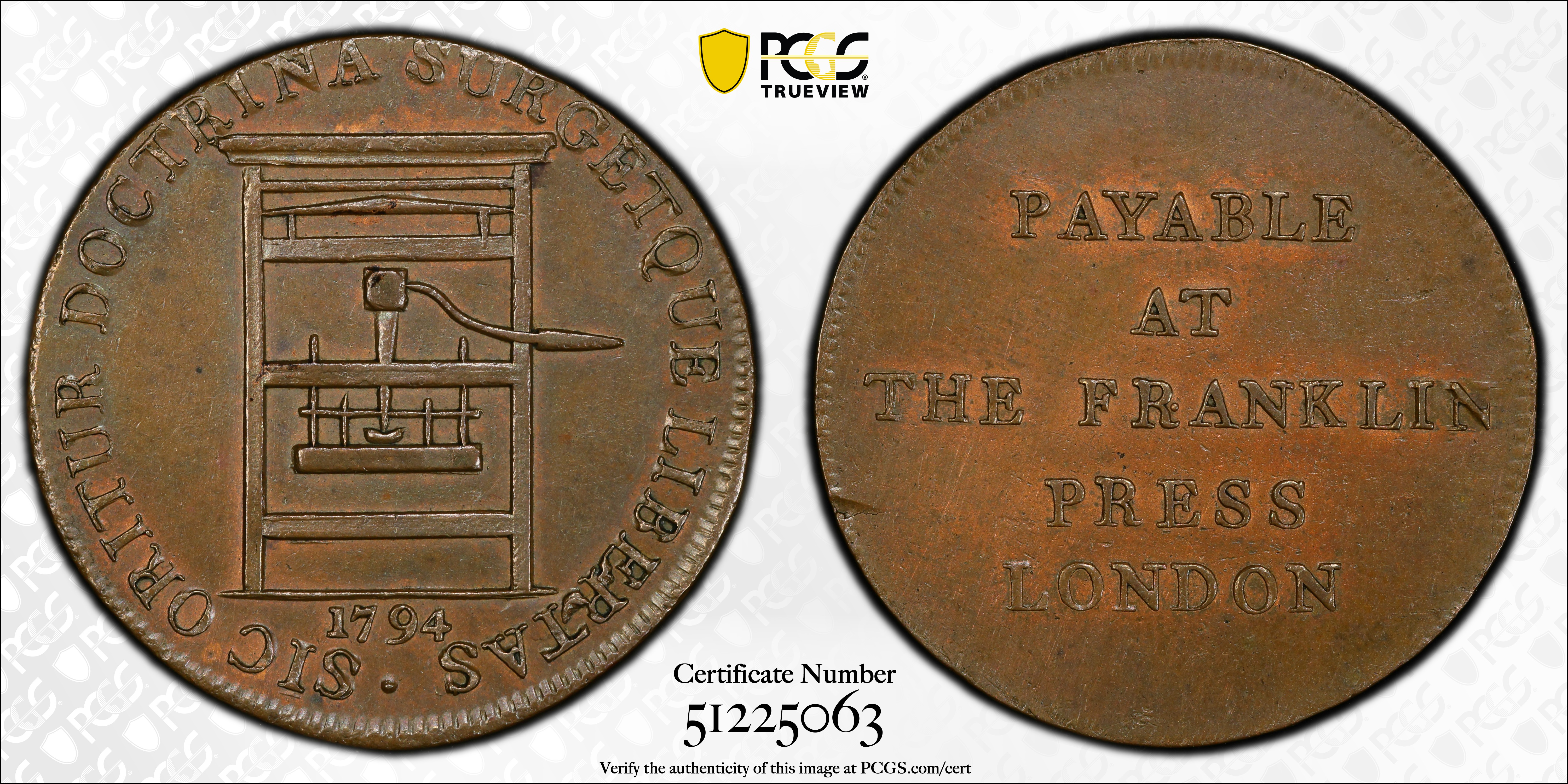 image for: 1794 Franklin Press Token. W-8850. Rarity-1. Plain Edge. MS-62 BN (PCGS).