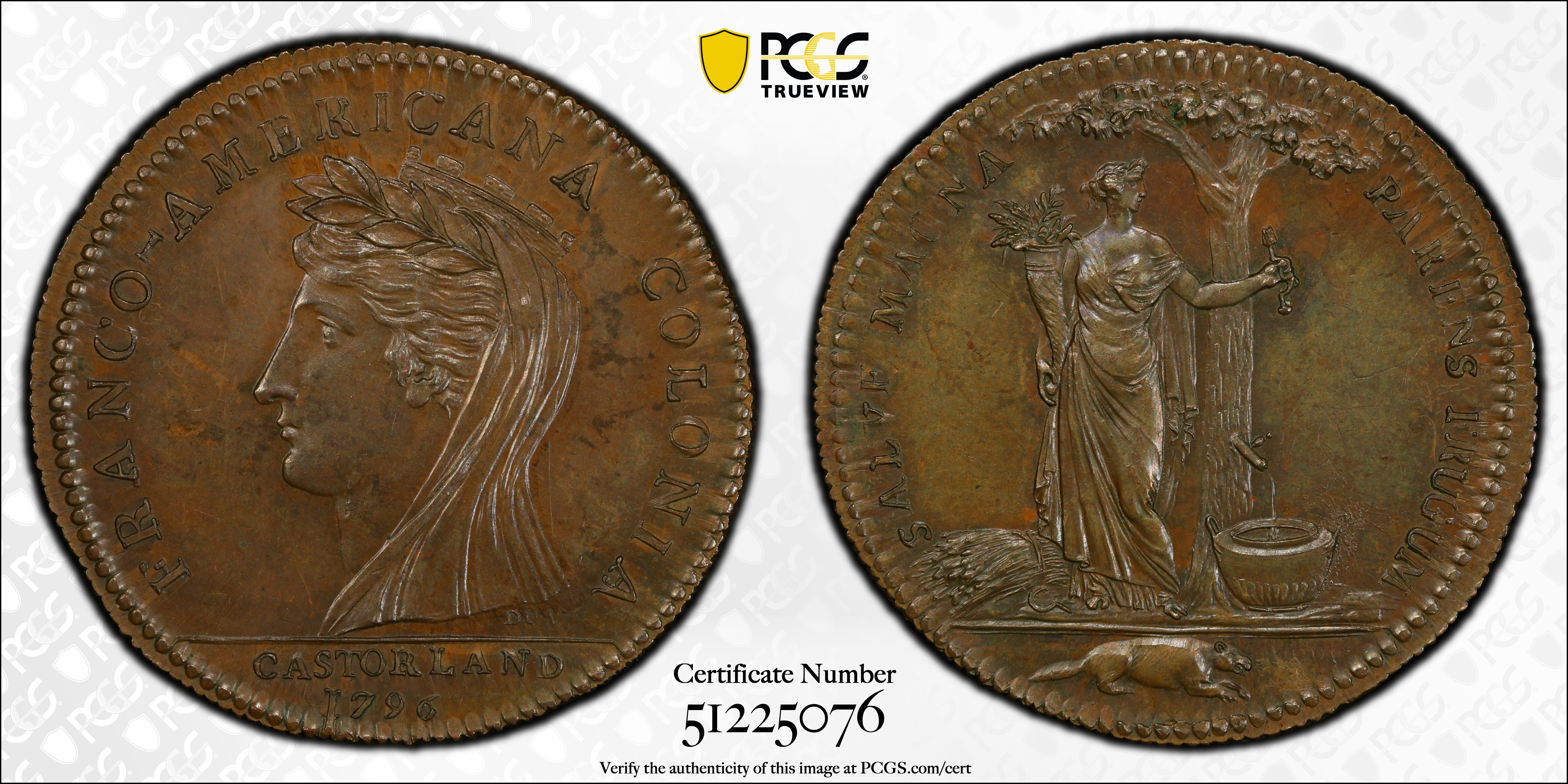 image for: 1796 Castorland Medal, or Jeton. Original. W-9110. Copper. Reeded Edge. MS-63 BN (PCGS).