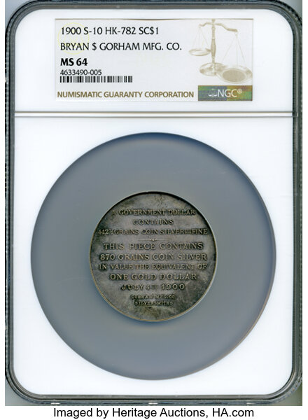 image for: 1900 Bryan Dollar, Gorham Mfg. Co., Silver, Zerbe-8, HK-782, Schornstein-10, R.7, MS64 NGC. Silver. 52 mm. Plain Edge. Farra...