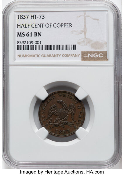 image for: 1837 Token Half Cent Worth of Pure Copper, Low-49, HT-73, W-11-710a, R.1, MS61 Brown NGC. NGC Census: (17/113)....