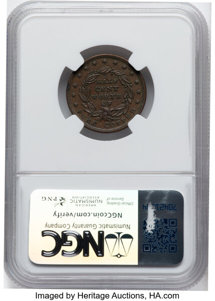 image for: 1837 Token Half Cent Worth of Pure Copper, Low-49, HT-73, W-11-710a, R.1, MS61 Brown NGC. NGC Census: (17/113)....