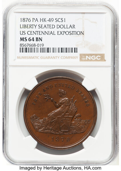 image for: 1876 U.S. Centennial Exposition, Liberty Seated Dollar, Copper, MS64 Brown NGC. HK-49, Abler-500, SH 2-26 CU, R.7. ...
