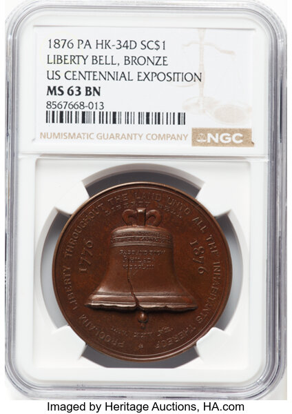 image for: 1876 U.S. Centennial Exposition, Liberty Bell, Bronze, MS63 Brown NGC. HK-34, Abler-2110, SH 2-36 CU, R.9. Incorrectly desig...