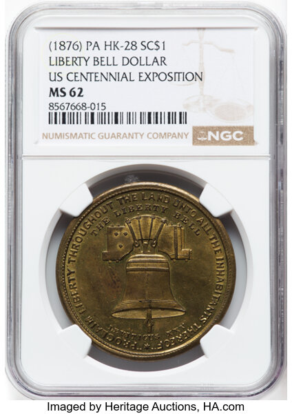 image for: (1876) PA, U.S. Centennial Exposition, Liberty Bell Dollar, Gilt, MS62 NGC. HK-28, Abler-3290, SH 2-45 CU, R.6. Philadelphia...