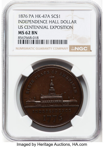 image for: 1876 PA, U.S. Centennial Exposition, Independence Hall Dollar, MS62 Brown NGC. HK-47a, Abler-1330, SH 2-19 CU, R.8. ...
