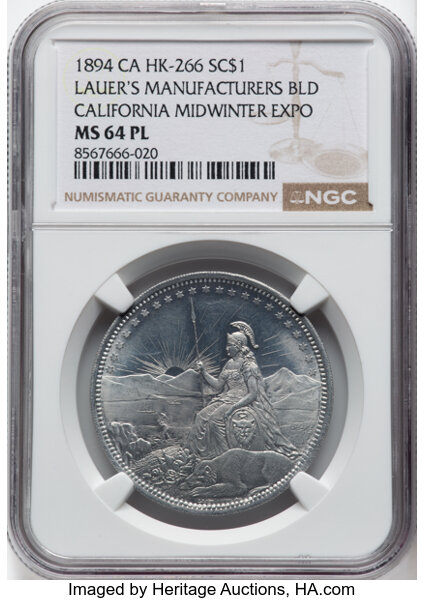 image for: 1894 Medal California Midwinter Exposition, Lauer's Manufactures Building, Aluminum, HK-266, SH 7-26 AL, R.6, MS64 Prooflike ...