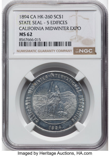 image for: 1894 Medal California Midwinter Exposition, State Seal - Five Edifices, Aluminum, HK-260, SH 7-20 AL, R.6, MS62 NGC. NGC Ce...