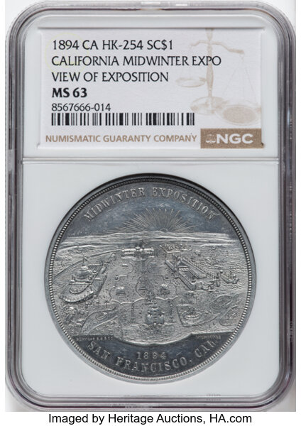 image for: 1894< B$1 View of Exposition, California Midwinter Exposition, Aluminum, HK-254, SH 7-16 AL, R.5, MS63 NGC. NGC Census: (...