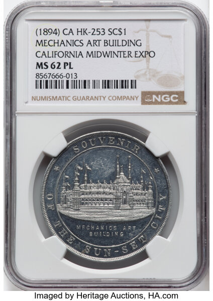 image for: 1894 $1 California Midwinter Exposition, Mechanics Art Building, Aluminum, HK-253, R.5, MS62 Prooflike NGC. NGC Census: (0/...
