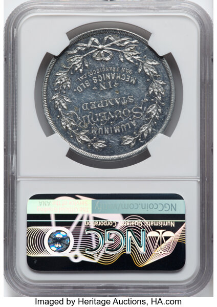 image for: 1894 $1 California Midwinter Exposition, Mechanics Art Building, Aluminum, HK-253, R.5, MS62 Prooflike NGC. NGC Census: (0/...