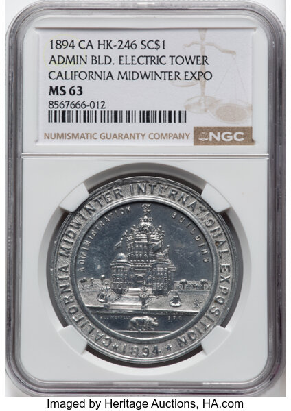 image for: 1894 Medal California Midwinter Exposition, Administration Building, Electric Tower, Aluminum, HK-246, R.5, MS63 NGC. NGC C...