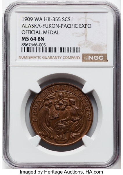 image for: 1909 Medal Alaska-Yukon-Pacific Exposition, Official Medal, Copper, HK-355, SH 16-1 CU, R.4, MS64 Brown NGC. NGC Census: (1...