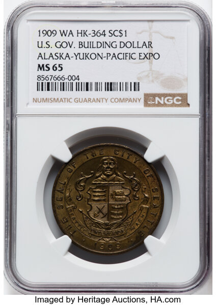 image for: 1909 Medal Alaska-Yukon-Pacific Exposition, U.S. Government Building Dollar, Gilt, HK-364, H 16-3 GP, R.5, MS65 NGC. NGC Ce...