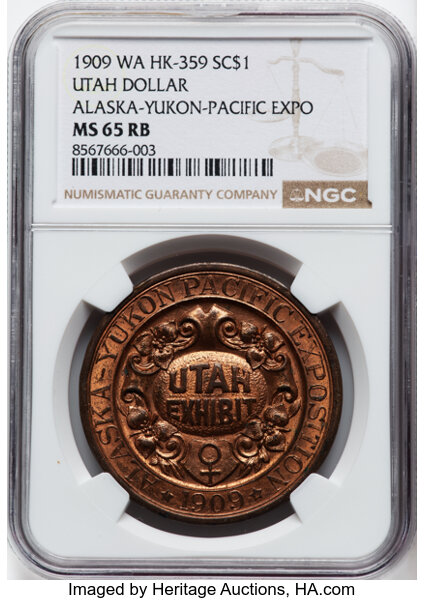 image for: 1909 Medal Alaska-Yukon-Pacific Exposition, Utah Dollar, Copper, HK-359, R.5, MS65 Red and Brown NGC. NGC Census: (27/11)....