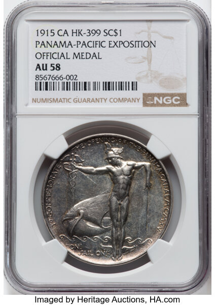 image for: 1915 Medal Panama-Pacific Exposition, Official Medal, Silver, HK-399, R.5, AU58 NGC. NGC Census: (14/128)....
