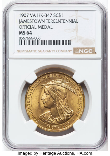 image for: 1907 Medal Jamestown Tercentennial, Official Medal, Gilt, HK-347, SH 15-1 GP, R.4, MS64 NGC. NGC Census: (51/43)....