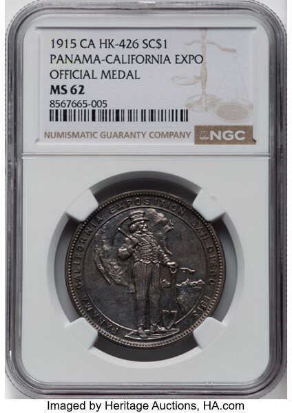 image for: 1915 Panama-California Exposition, Official Medal, Silver, HK-426, SH 19.1 S, R.5, MS62 NGC. NGC Census: (15/34)....