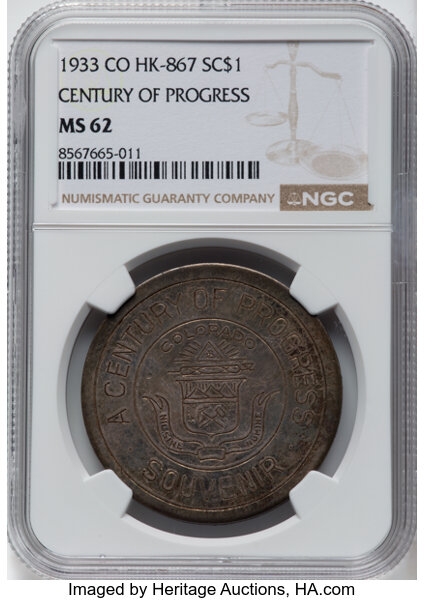 image for: 1933 Medal Century of Progress, Colorado Dollar, Type I, Silver, HK-867, R.6, MS62 NGC. NGC Census: (16/17)....