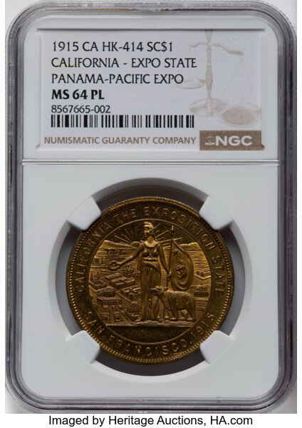 image for: 1915 Medal Panama-Pacific International Exposition, California Expo State, Gilt, HK-414, SH 18-4 GP, R.5, MS64 Prooflike NGC....