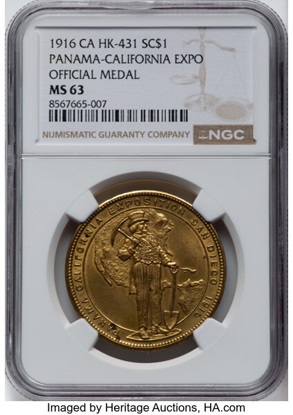image for: 1916 Medal Panama-California Exposition, Official Medal, Gilt Bronze, HK-431, SH 19-2 GP, R.6, MS63 NGC. NGC Census: (7/13)...