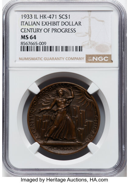 image for: 1933 Century Of Progress Exposition, Italian Exhibit Dollar, Bronze, HK-471, R.4, MS64 NGC. NGC Census: (15/32)....