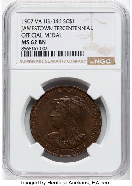 image for: 1907 Medal Jamestown Tercentennial, Official Medal, Bronze, HK-346, SH 15-1 BZ, R.4, MS62 Brown NGC. NGC Census: (10/86)....