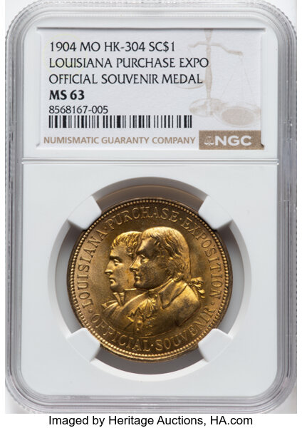 image for: 1904 Medal Louisiana Purchase Exposition, Official Souvenir Medal, Gilt, HK-304, SH 13-1 GP, R.3, MS63 NGC. NGC Census: (36...