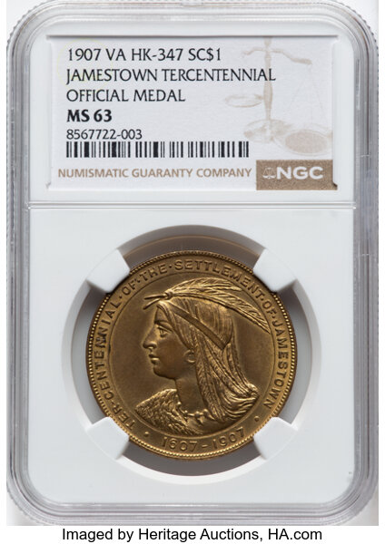 image for: 1907 Jamestown Tercentennial, Official Medal, Gilt, MS63 NGC. HK-347, SH 15-1 GP, R.4. NGC Census: (35/94)....