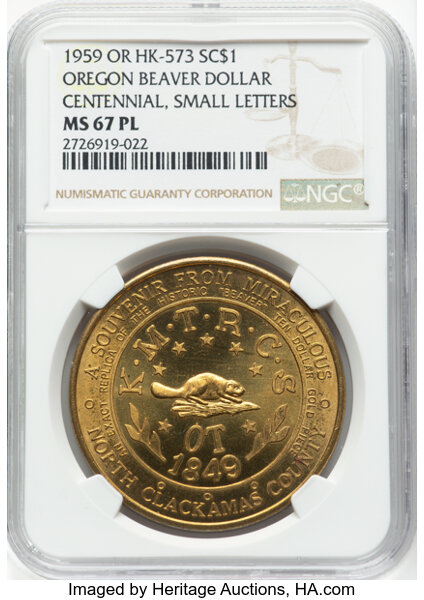 image for: 1959 Oregon Statehood Centennial Beaver Dollar, Gilt Bronze, HK-573 Variety, R.1, MS67 Prooflike NGC. Small Letters Reverse....