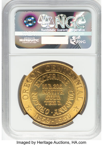 image for: 1959 Oregon Statehood Centennial Beaver Dollar, Gilt Bronze, HK-573 Variety, R.1, MS67 Prooflike NGC. Small Letters Reverse....