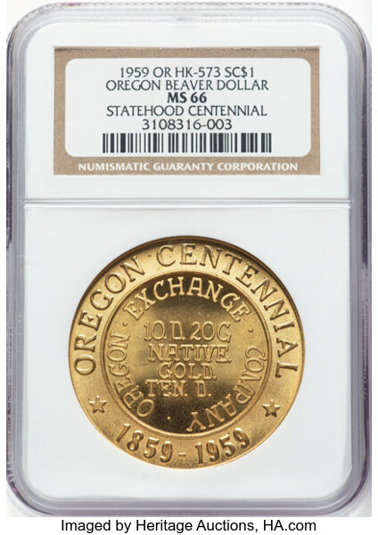 image for: 1959 Oregon Statehood Centennial, Beaver Dollar, Gilt Bronze, HK-573, R.1, MS66 NGC. Large Letters. NGC Census: (72/50)....