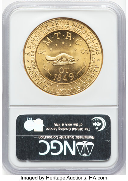 image for: 1959 Oregon Statehood Centennial, Beaver Dollar, Gilt Bronze, HK-573, R.1, MS66 NGC. Large Letters. NGC Census: (72/50)....