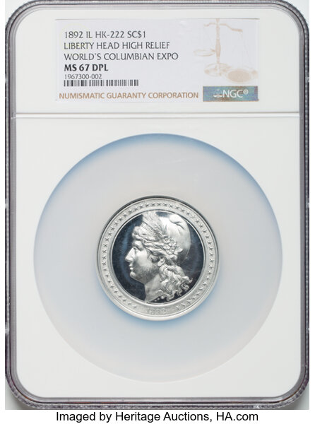 image for: 1893 World's Columbian Exposition, 1892 Liberty Head, High Relief, Aluminum, HK-222, Eglit-51, R.5, MS67 Deep Prooflike NGC....