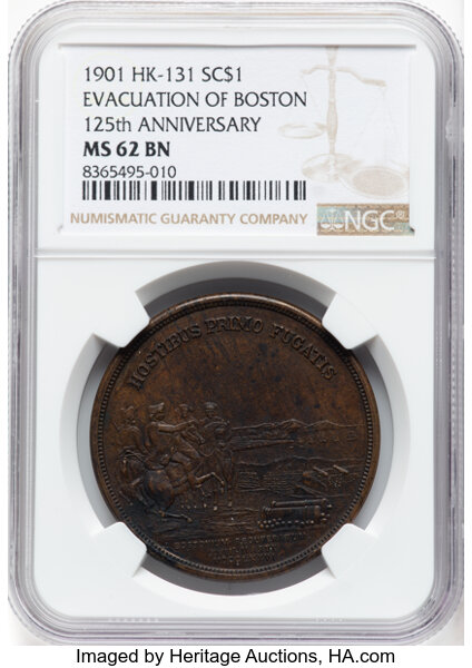 image for: 1901 Evacuation of Boston, 125th Anniversary, Baker-52R, HK-131, R.2, Copper, MS62 Brown NGC. NGC Census: 20 in 62, 43 finer...