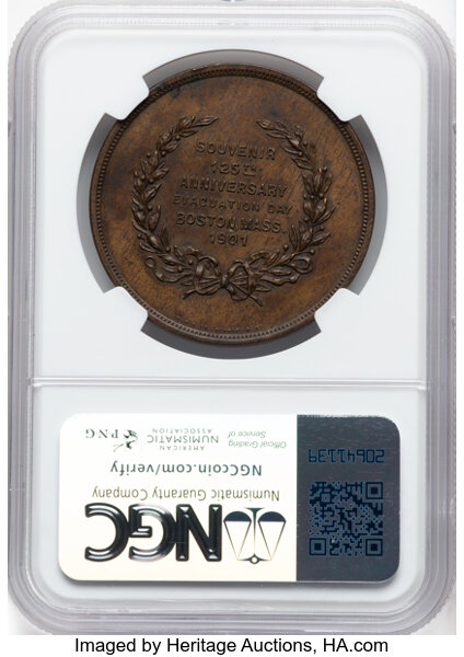 image for: 1901 Evacuation of Boston, 125th Anniversary, Baker-52R, HK-131, R.2, Copper, MS62 Brown NGC. NGC Census: 20 in 62, 43 finer...