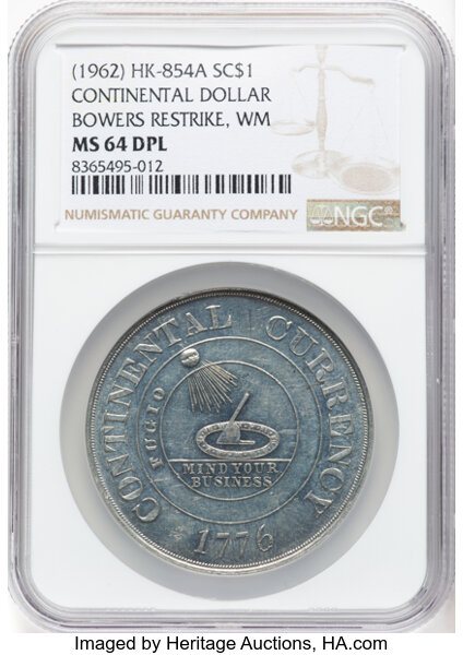 image for: (1962) Continental Dollar, Bowers Restrike, HK-854a, W-15630, R.3, White Metal, MS64 Deep Prooflike NGC. NGC Census: 59 in 6...