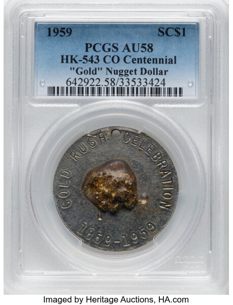 image for: 1959 Colorado Rush To The Rockies Centennial, Nickel-Silver, HK-543, R.4, AU58 PCGS. Unlike on most examples of HK-543, the ...