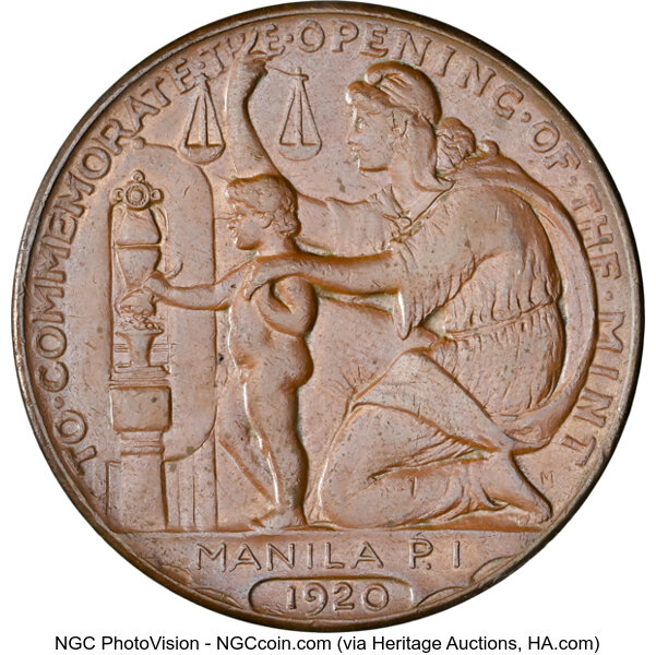 image for: 1920 Medal Manila Mint Opening, Wilson Dollar, Copper, HK-450, R.4, AU58 NGC. NGC Census: 12 in 58, 23 finer (10/25)....