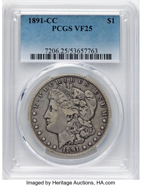 1891-CC $1 VF25 PCGS. CDN: $155 Whsle. Bid for NGC/PCGS VF25. Mintage 1,618,000. From the JGC Collection....