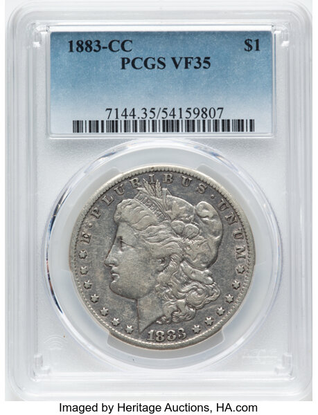 1883-CC $1 VF35 PCGS. PCGS Population: 54 in 35, 54210 finer (10/25). CDN: $160 Whsle. Bid for NGC/PCGS VF35. Mintage 1,204...
