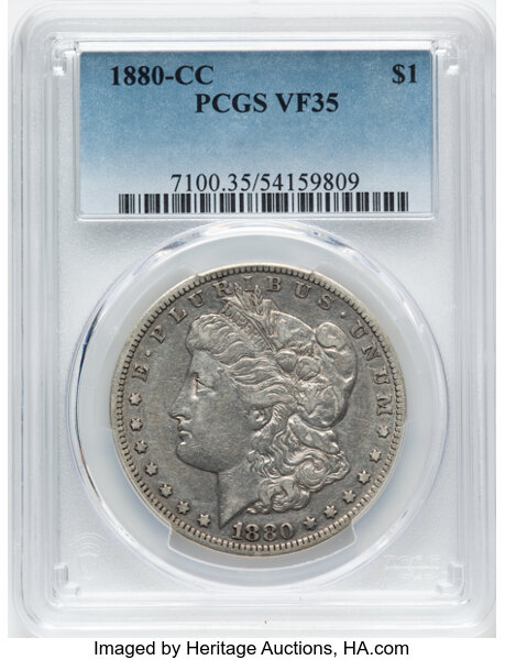 1880-CC $1 VF35 PCGS. PCGS Population: 77 in 35, 16385 finer (10/25). CDN: $230 Whsle. Bid for NGC/PCGS VF35. Mintage 591,0...