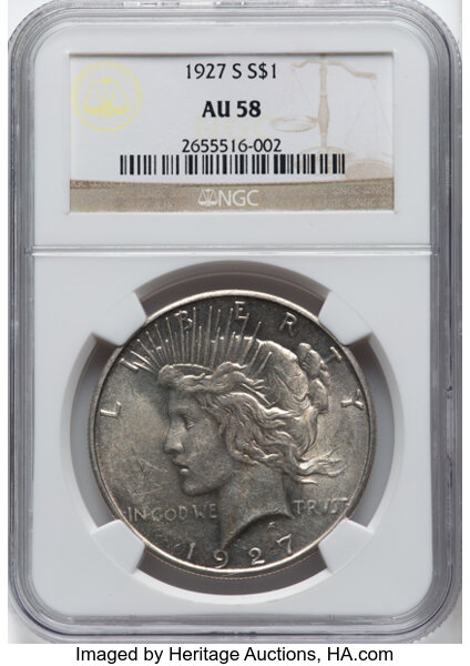 1927-S $1 AU58 NGC. CDN: $160 Whsle. Bid for NGC/PCGS AU58. Mintage 866,000. From the Grant Powell Collection....